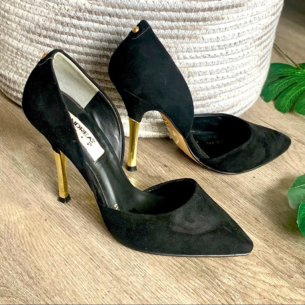 ANDREA d’Orsay Heels Pointy Toe Suede Golden Stiletto Heel Size 6.5 (MEX 23.5)